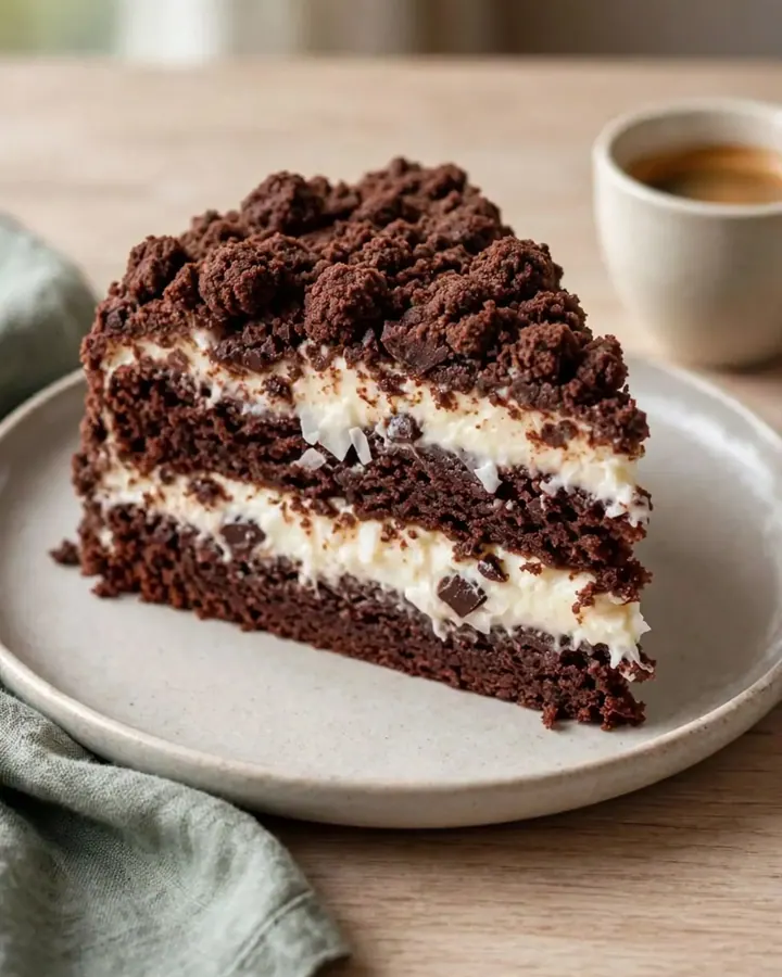 Gâteau crumble au chocolat et crème coco présenté sur un plat sur pied blanc festonné.