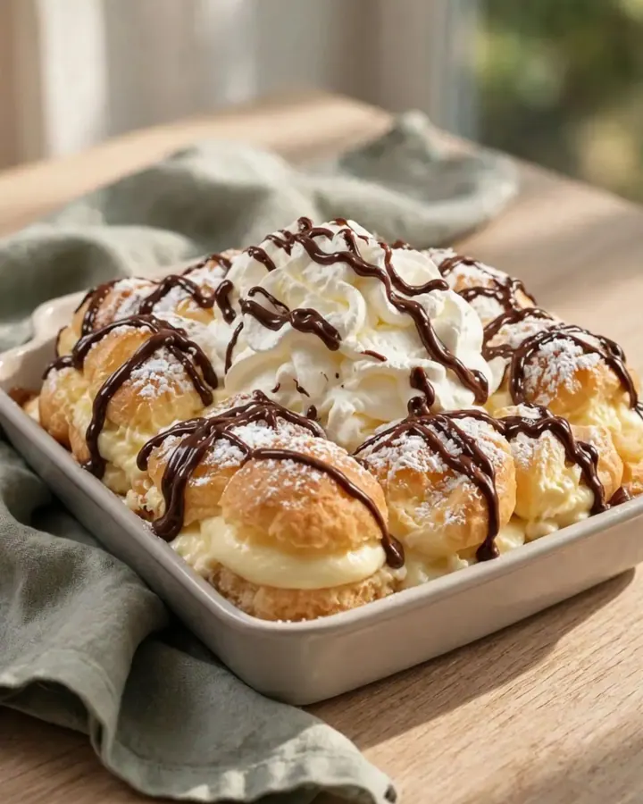Gâteau de choux gourmand nappé de chocolat brillant et garni de crème vanille onctueuse.