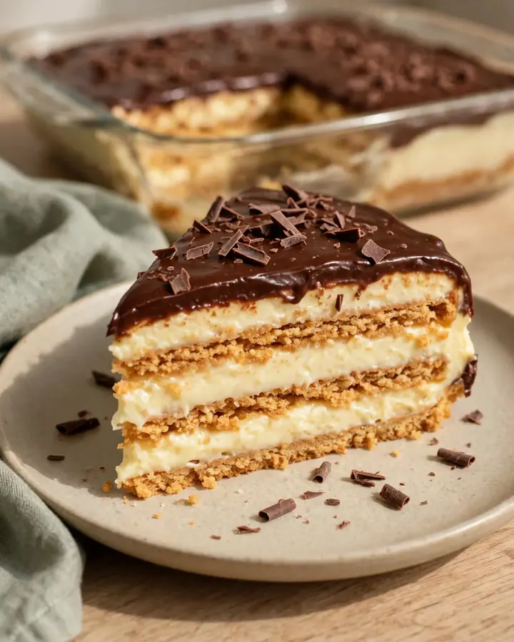 Gâteau éclair sans cuisson avec ses couches visibles de biscuits, crème vanille et glaçage chocolat.