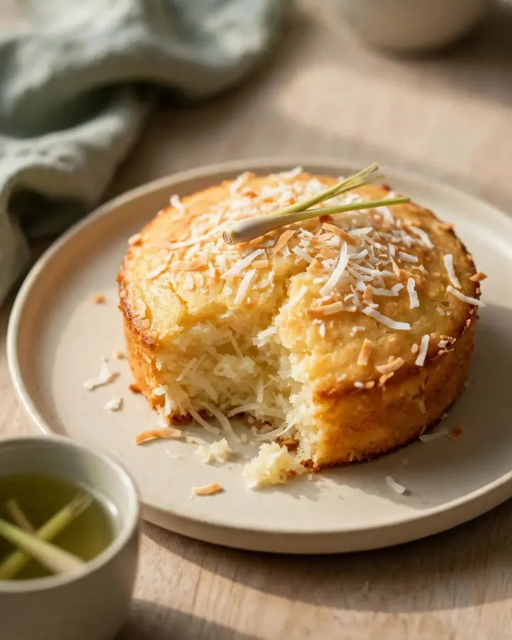 Gros plan sur une part de gâteau fondant au lait de coco avec sa texture crémeuse.