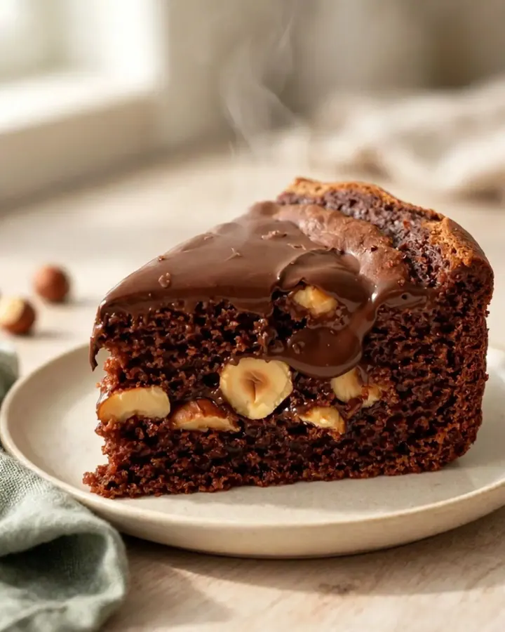 Gâteau au chocolat et noisettes fondant servi sur une assiette blanche avec un cœur coulant.