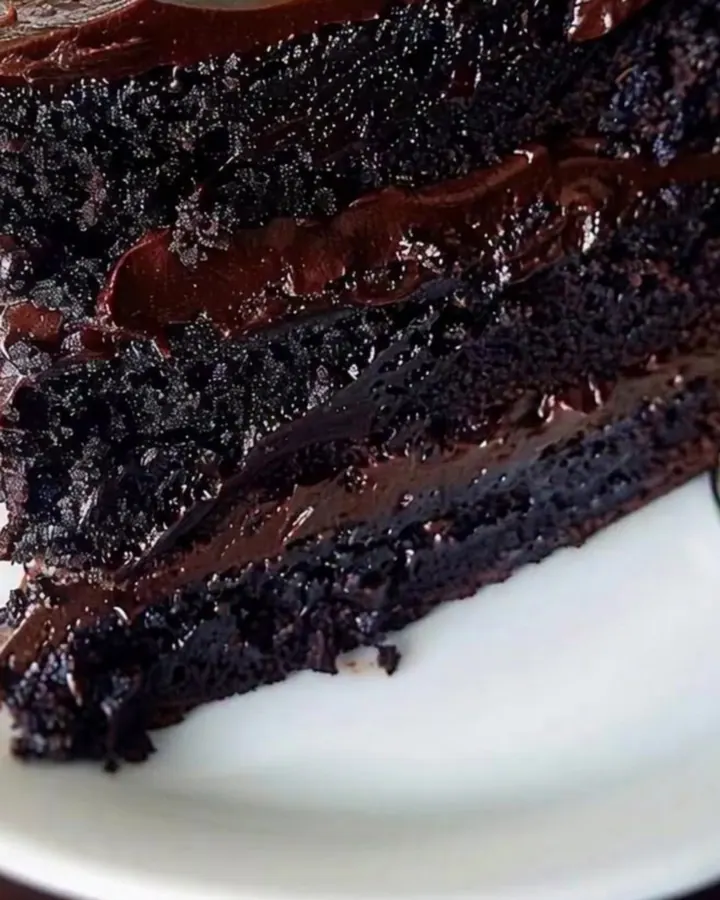 Gâteau au fudge au chocolat en trois couches sur une assiette blanche, ganache coulant sur les côtés