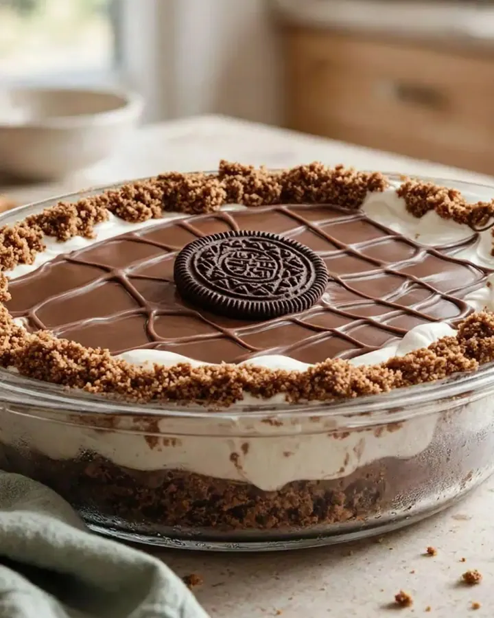 Gâteau glacé au chocolat avec des couches visibles de biscuits et de crème, décoré de filet de chocolat.