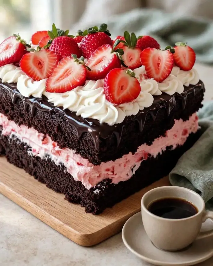Gâteau carré au chocolat avec une couche de crème rose à la fraise et des décorations en chantilly sur le dessus.