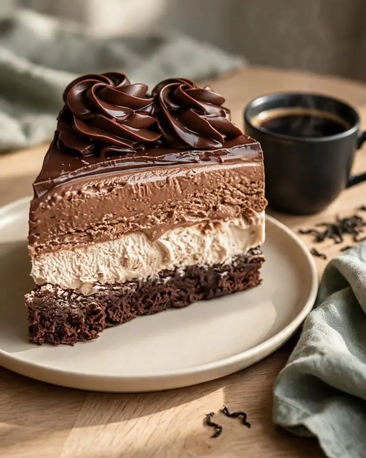 Vue en gros plan sur une part de gâteau mousse au triple chocolat avec ses strates distinctes.
