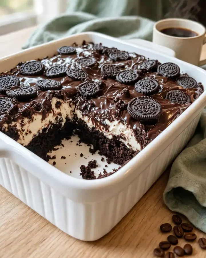 Gâteau tremblement de terre à l’Oreo avec son glaçage brillant et ses morceaux de biscuits.