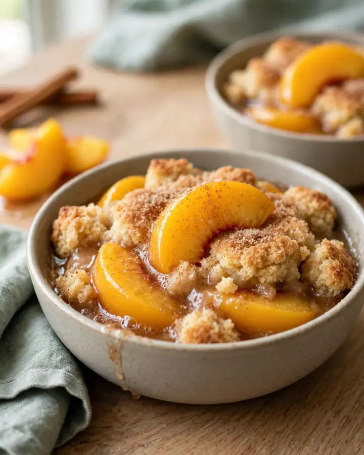 A large rectangular ceramic dish filled with golden-brown baked peach cobbler on a butcher-block counter.
