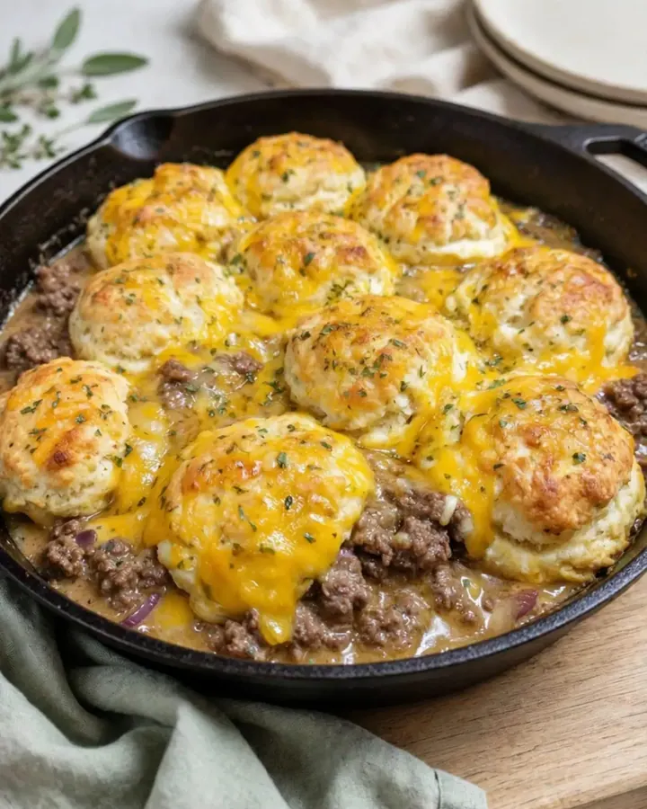 Gratin de bœuf façon Cheddar Bay dans une poêle en fonte avec biscuits dorés et fromage fondu.
