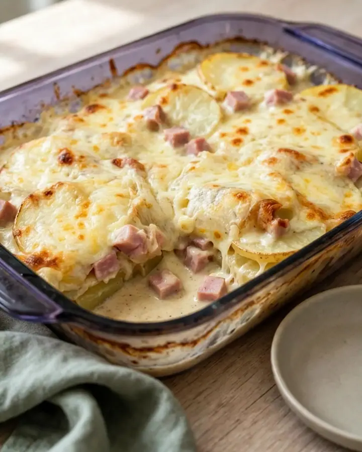 Un gratin de pommes de terre au jambon doré et fumant dans un plat en verre.