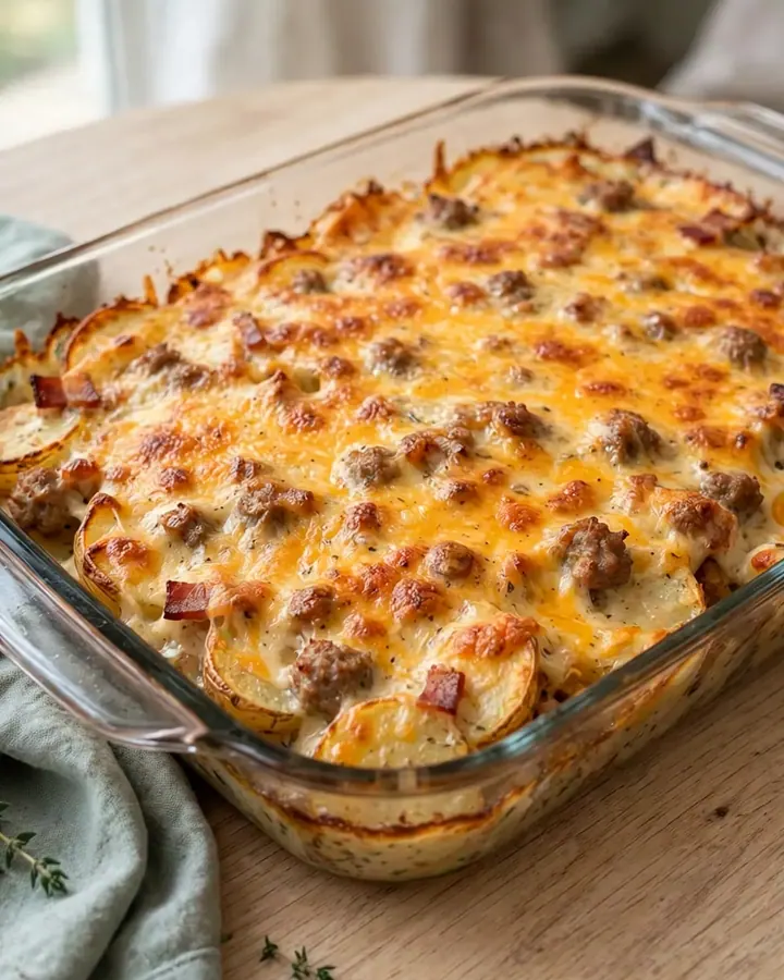 Gratin de pommes de terre rissolées, bacon et cheddar fondu dans un plat en verre.