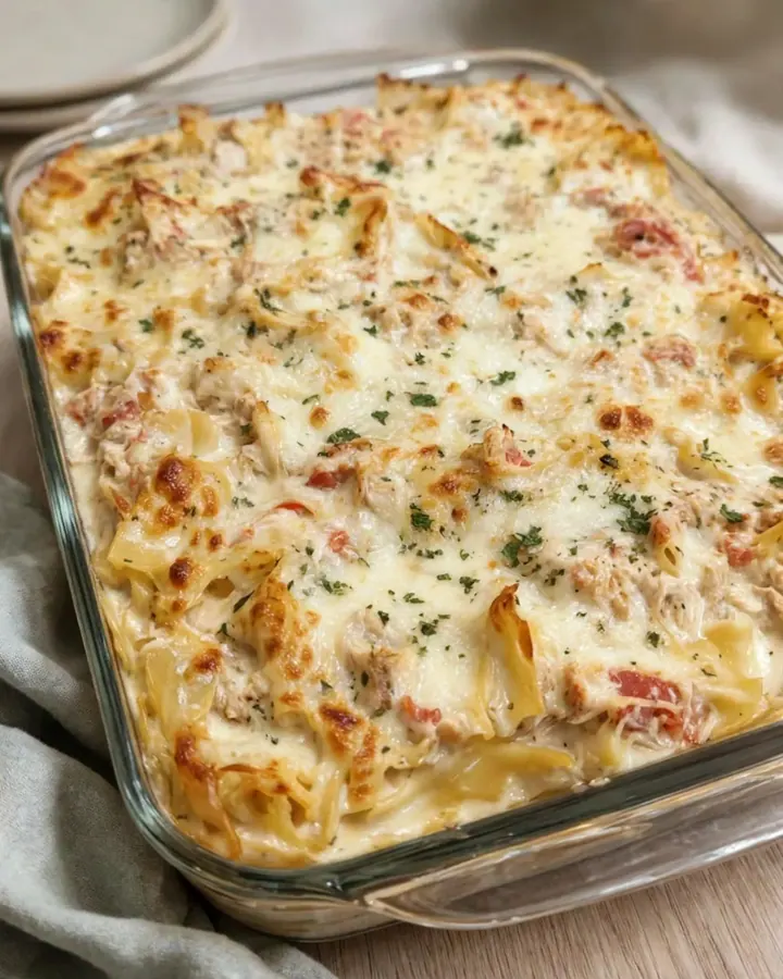 Vue rapprochée d’un gratin de spaghettis au poulet avec du fromage fondant et de la vapeur.