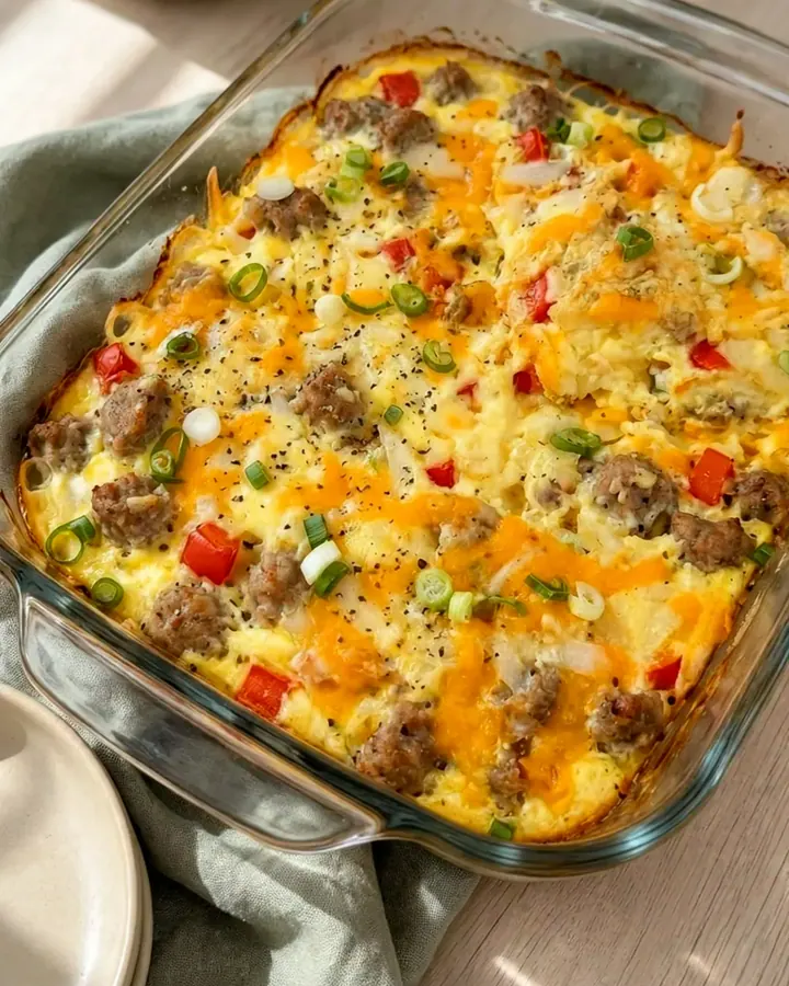 Gratin d’œufs moelleux dans un plat en verre avec fromage fondu et ciboule.