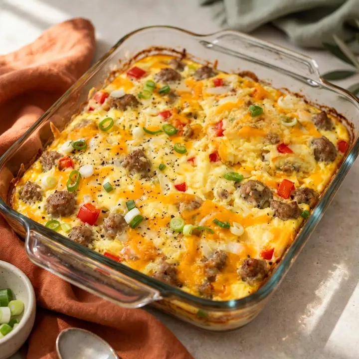 Gratin d’œufs moelleux aux saucisses et poivrons