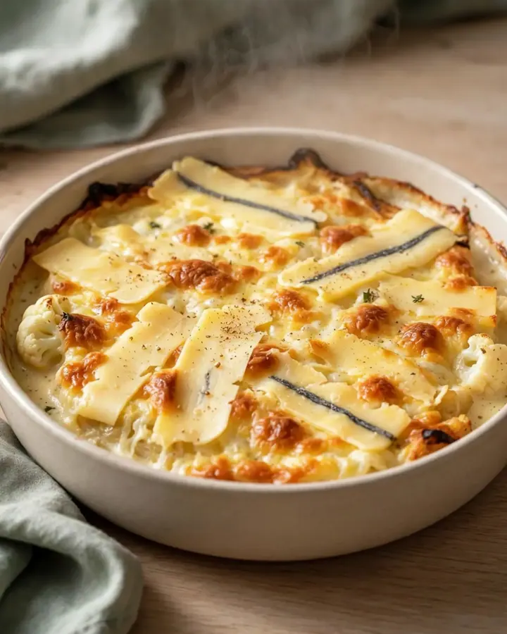 Gratin de pommes de terre et chou-fleur au morbier fondant dans une mijoteuse.