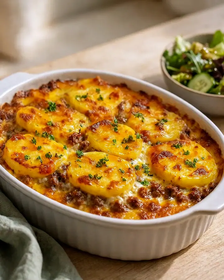 Gratin de pommes de terre et viande hachée doré au four dans un plat en céramique blanc.