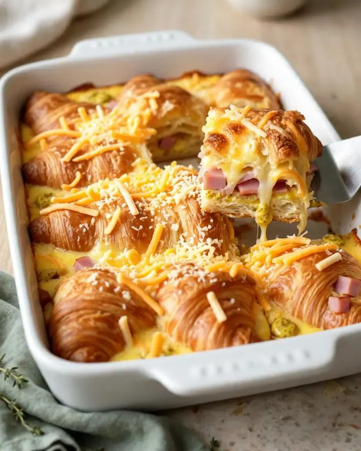 A golden-brown Ham and Cheese Croissant Breakfast Bake in a white ceramic dish.