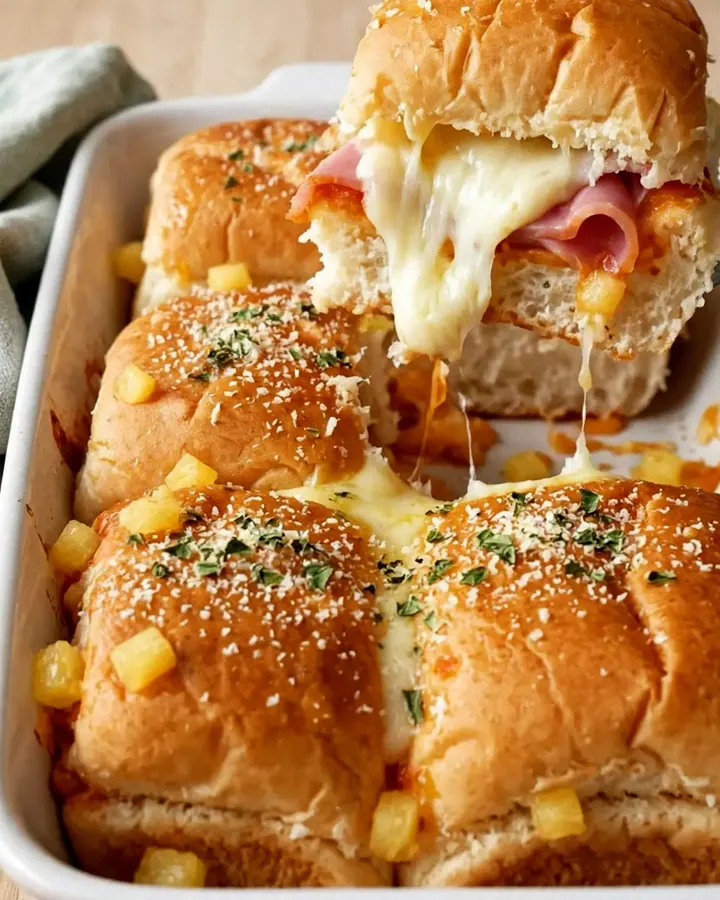 A close-up of Hawaiian pizza sliders in a ceramic baking dish with golden brown tops.