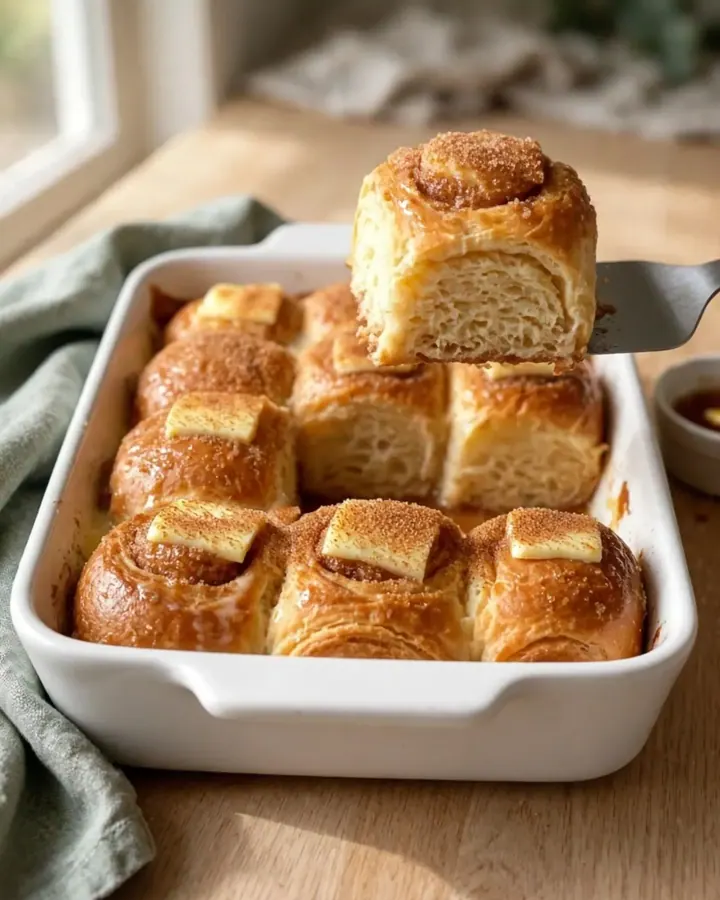 A golden-brown Hawaiian roll French toast bake in a white ceramic dish on a speckled countertop.