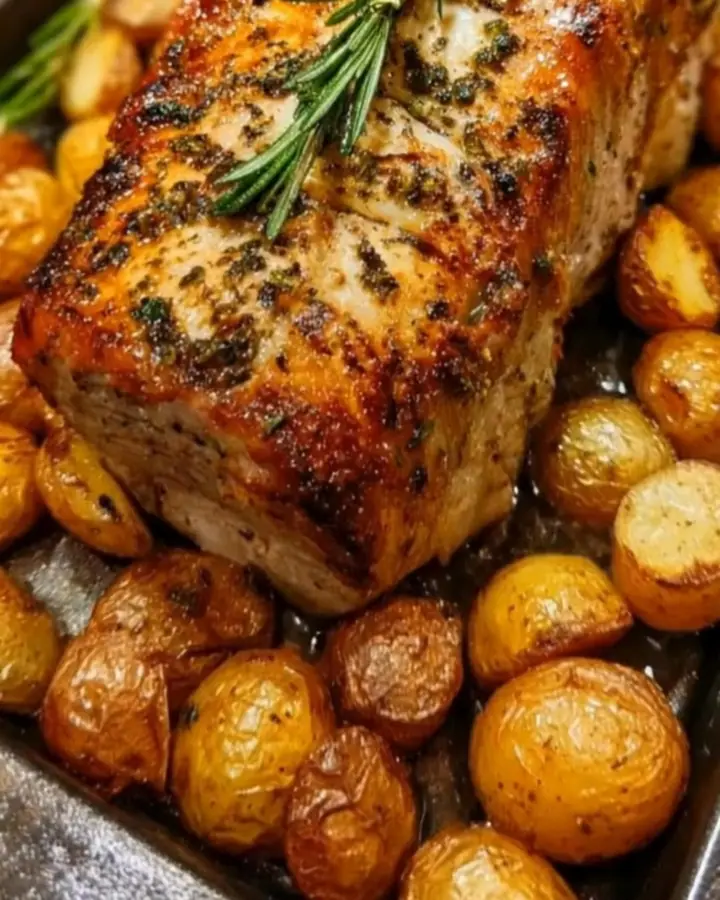 A beautifully roasted herb-crusted pork loin served with golden crispy baby potatoes on a white platter.