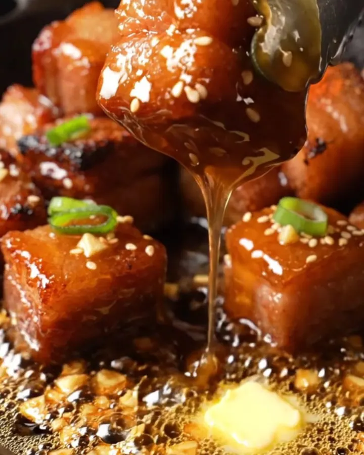 A close-up of honey garlic pork belly burnt ends on a plate, glistening with a sticky glaze and garnished with sesame seeds.