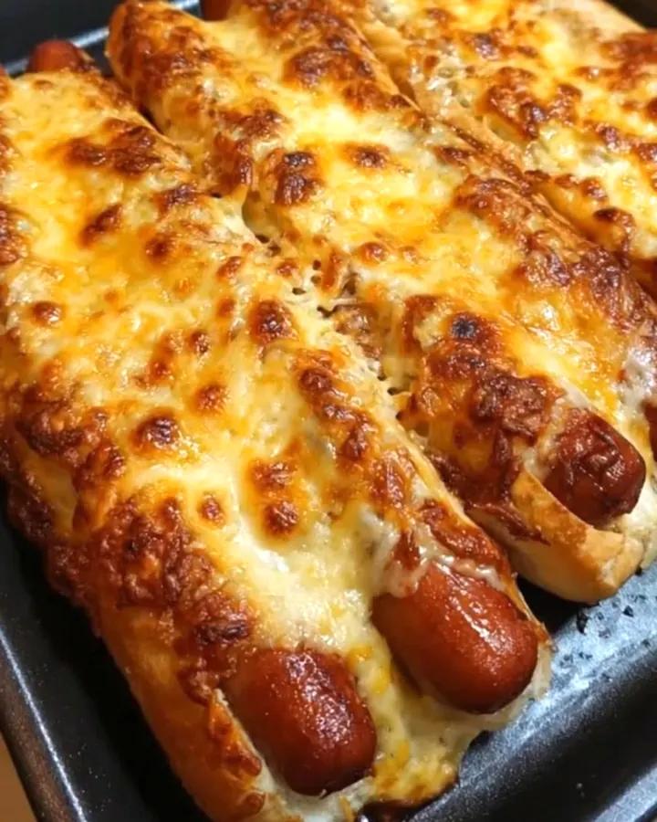 Hot-dogs généreusement recouverts de fromage fondu et doré sortant du four avec de la vapeur.