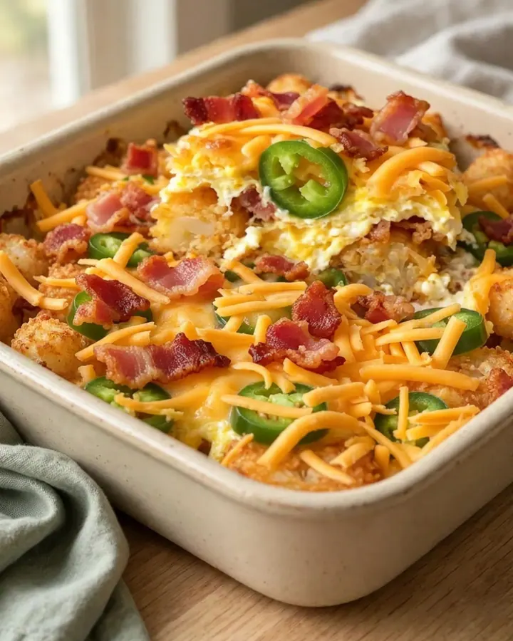 A golden brown potato tot and jalapeno breakfast casserole in a white rectangular baking dish.