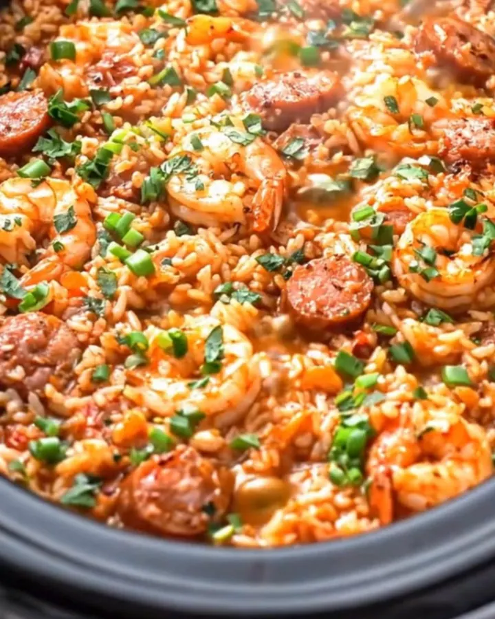 Un jambalaya fumant dans une mijoteuse, garni de ciboule et de persil frais.