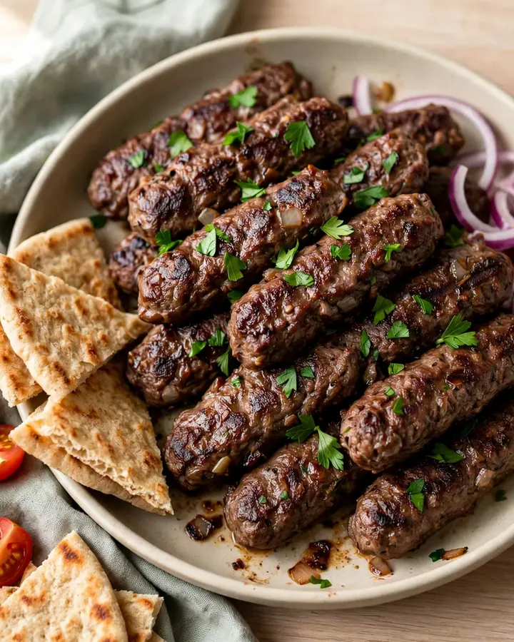 Koftas de bœuf dorées et juteuses servies avec des tomates cerises et des oignons rouges sur du pain plat chaud.