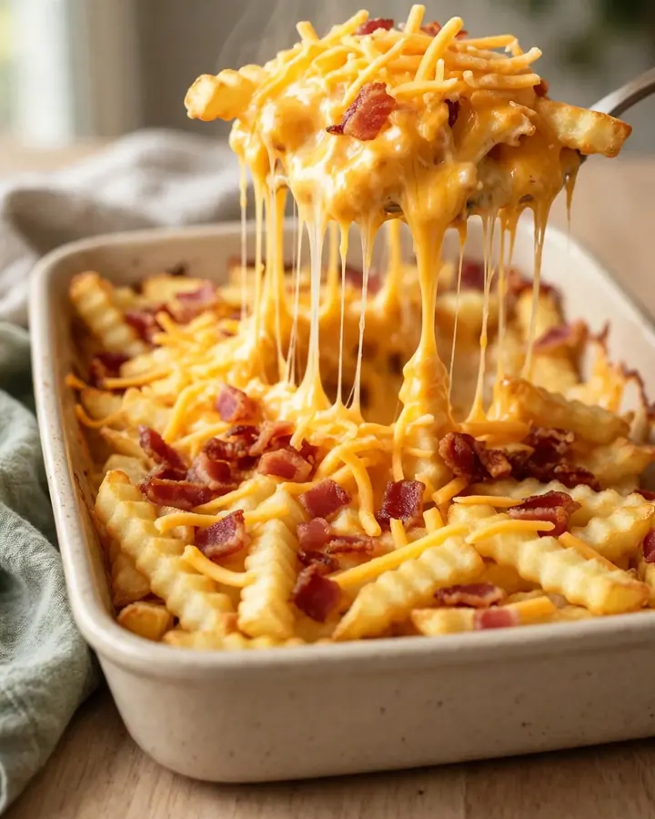 A top-down view of a rectangular baking dish filled with golden baked fries