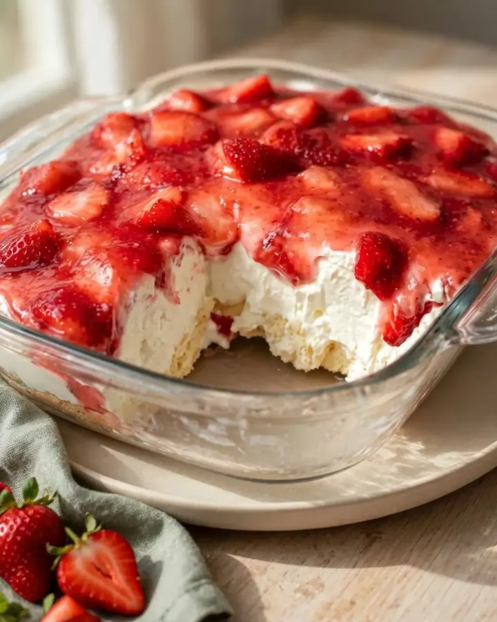 Vue en plongée d’un plat en verre contenant des couches de gâteau, de crème blanche et de fraises coupées.
