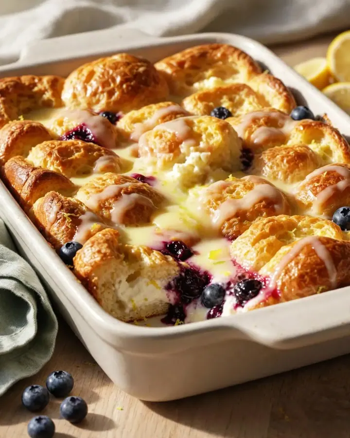 A golden-brown lemon blueberry French toast bake in a ceramic dish, topped with a bright lemon glaze.