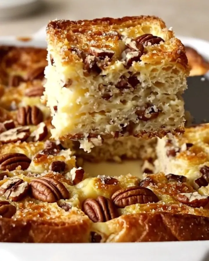 A golden, puffed Maple Pecan French Toast Bake in a white rectangular dish on a beige countertop.