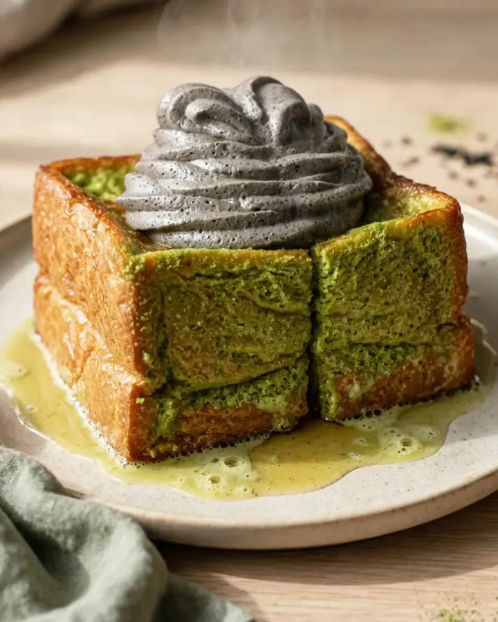 A thick square of matcha French toast with golden edges, topped with a dramatic swirl of black sesame whipped cream.