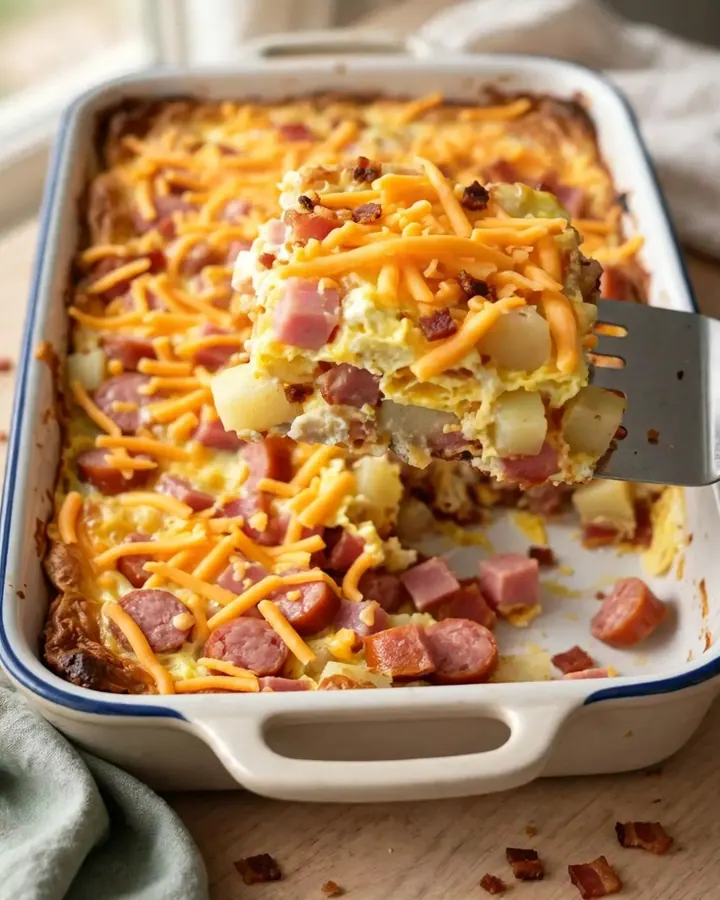 A golden-brown breakfast casserole in a white baking dish on a quartz countertop.