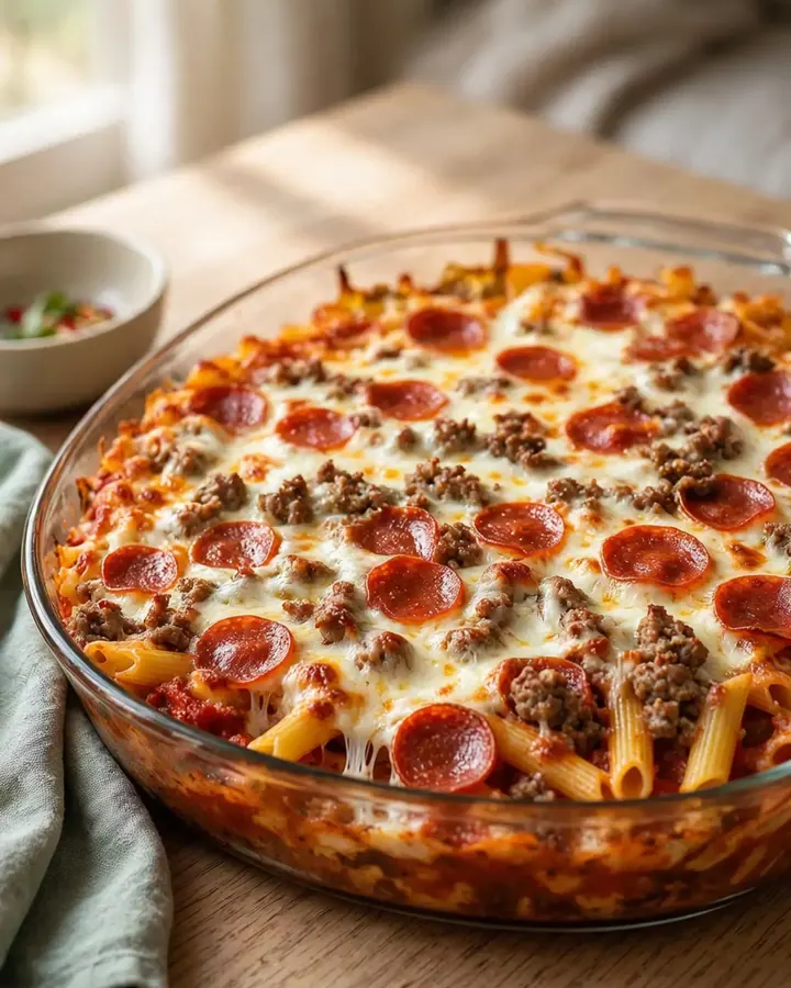 A steaming meat lovers pizza casserole in a glass dish with melted mozzarella and pepperoni.