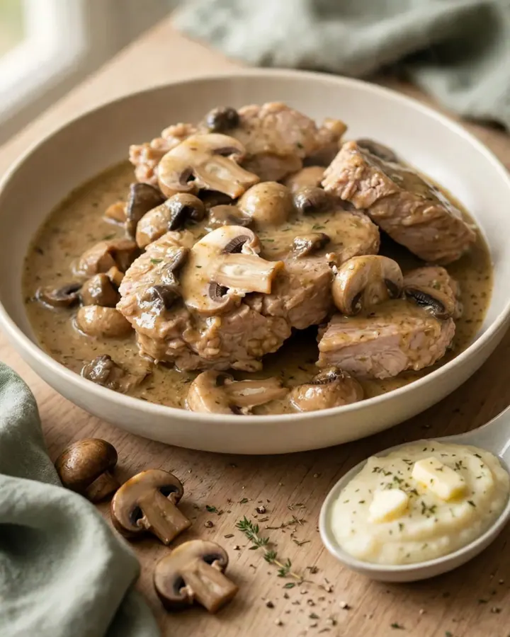 Mijoté de porc crémeux aux champignons servi dans une assiette blanche avec une sauce onctueuse.