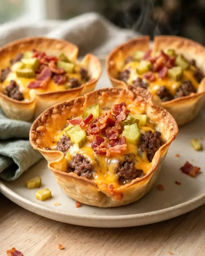 Gros plan sur une coupelle de tortilla dorée, garnie de bœuf haché, de cheddar fondu et de bacon croustillant.