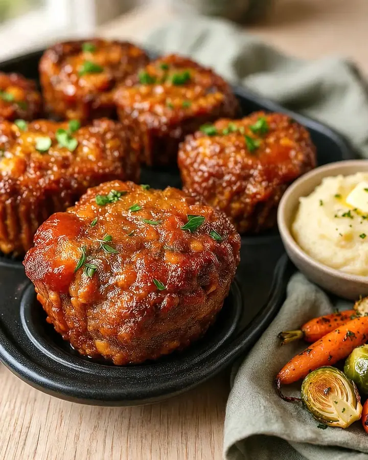 Six mini-pains de viande glacés et brillants dans un moule à muffins noir près d’une fenêtre.