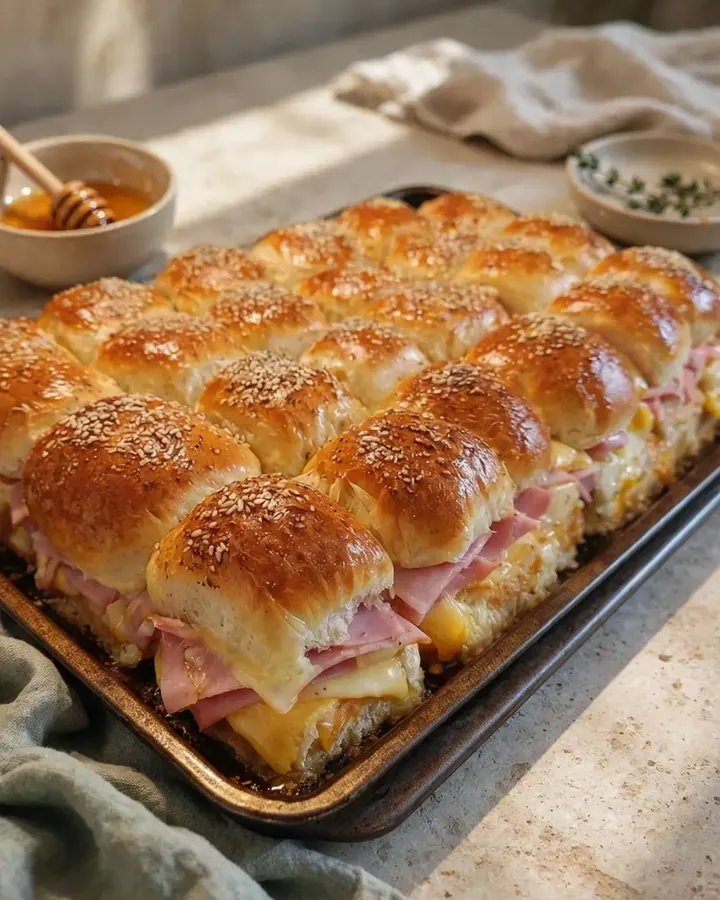 Mini-sandwichs au jambon et fromage dorés et brillants sur une plaque de cuisson.