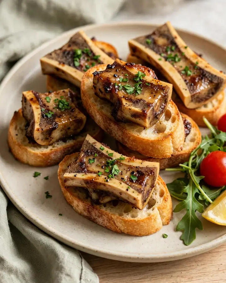 Vue en gros plan d’une moelle de bœuf rôtie servie sur une planche en bois avec des crostini et de la roquette.