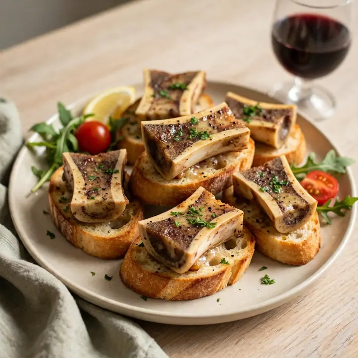 Moelle de bœuf rôtie sur crostini croustillants