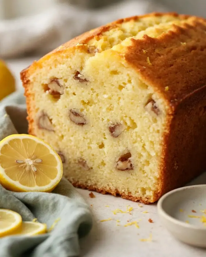 A close-up of a golden lemon loaf cake with a glistening sugar glaze and walnut flecks.