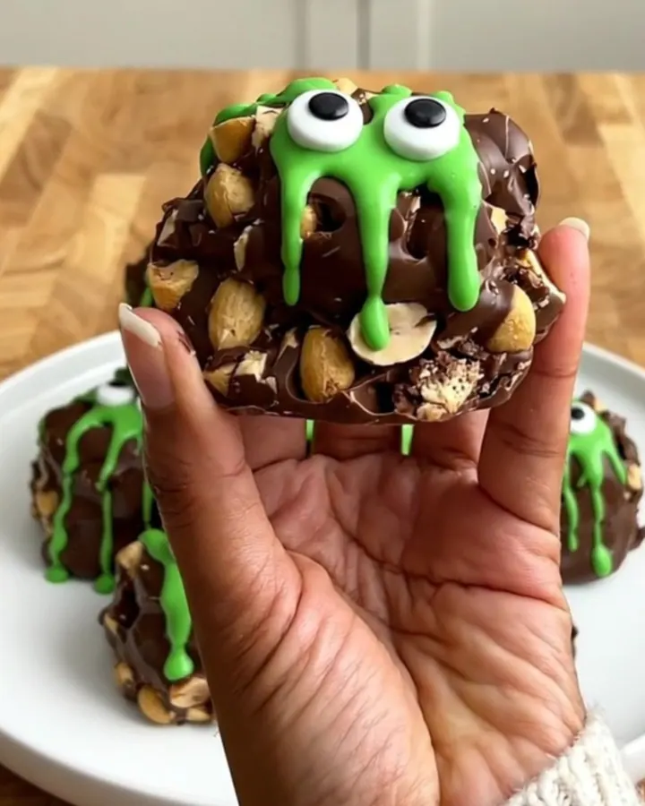 A plate of finished monster peanut clusters with candy eyes and green drizzle.