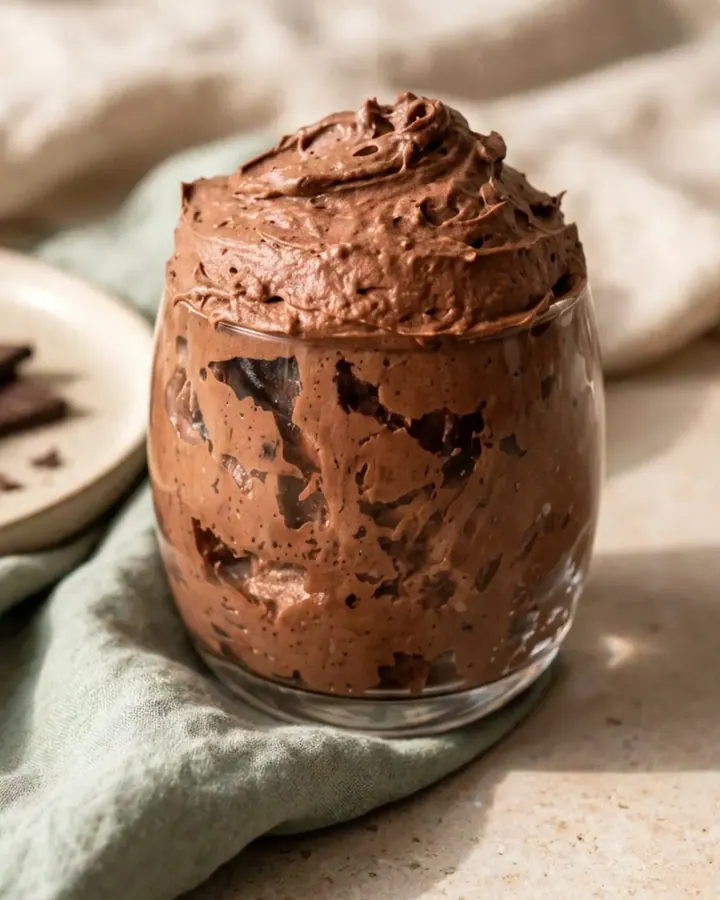 Mousse au chocolat aérienne dans une verrine en verre sur une assiette en terre cuite.