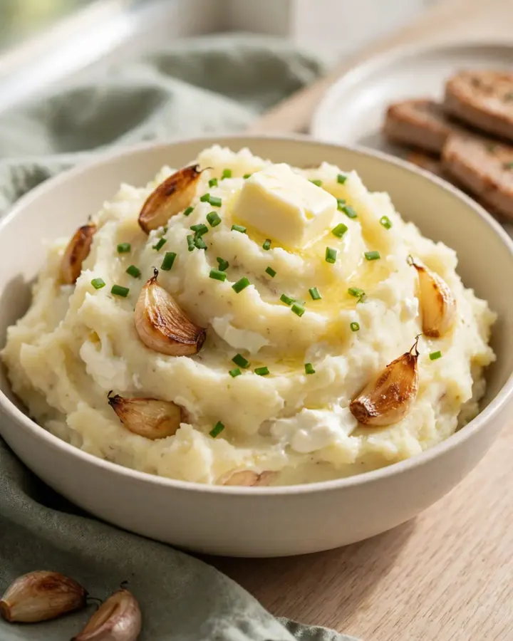 A close-up view of velvety mashed potatoes in a cream-colored stoneware slow cooker