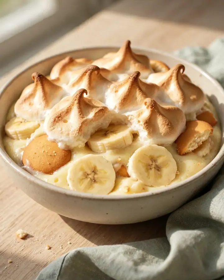 A warm, golden-brown baked banana pudding in a ceramic dish, showing toasted meringue peaks.
