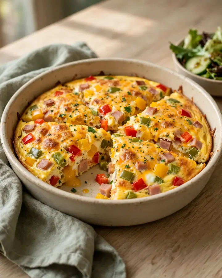 Une omelette au four dorée et moelleuse dans un plat en céramique, avec des morceaux de poivrons et de jambon visibles.
