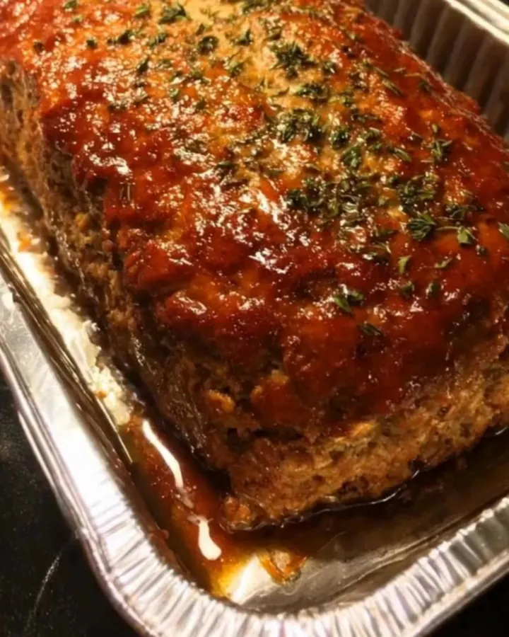 Pain de viande doré nappé d’un glaçage brillant, servi dans son plat avec des herbes.