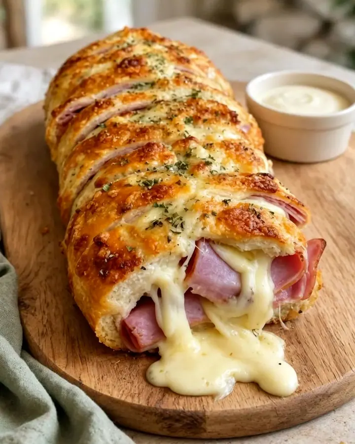 Une miche de pain dorée et farcie au fromage fondant, posée sur du papier cuisson.
