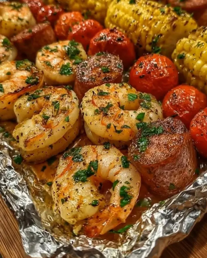 Papillote de crevettes, saucisses et légumes ouverte révélant des couleurs éclatantes et du beurre fondu.